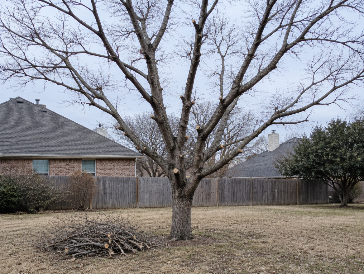 A dormant, bare tree in late winter with fresh pruning cuts and a brush pile beneath it